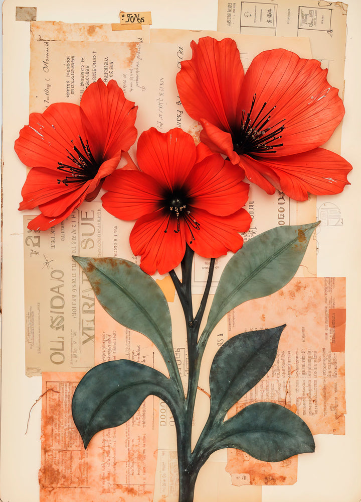 Wadi Home floral collage wall art featuring vibrant red poppies on vintage script background. Botanical elegance for any room.