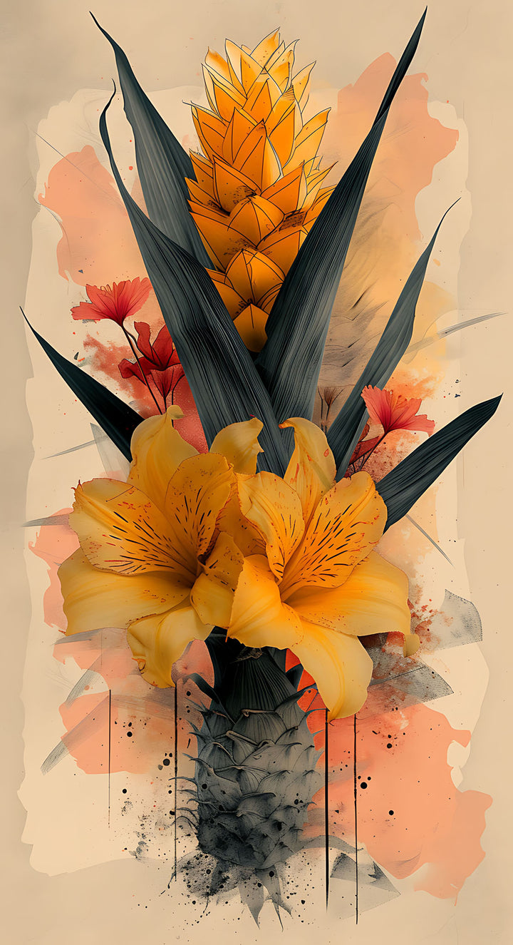 Wadi Home tropical floral arrangement wall art with golden lilies, pineapple bloom, green foliage, and coral accents in watercolor style.