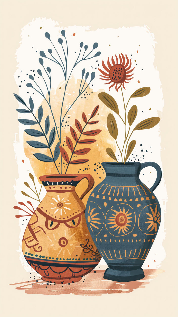 Wadi Home Bohemian Floral Vase wall art featuring two ornate vases with abstract botanical illustrations in warm earthy tones.