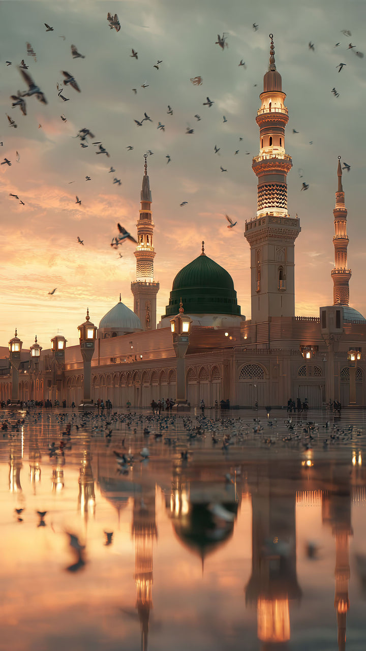 Wadi Home Mosque Reflection Wall Art featuring a green-domed mosque at sunset with birds flying and its reflection on water.