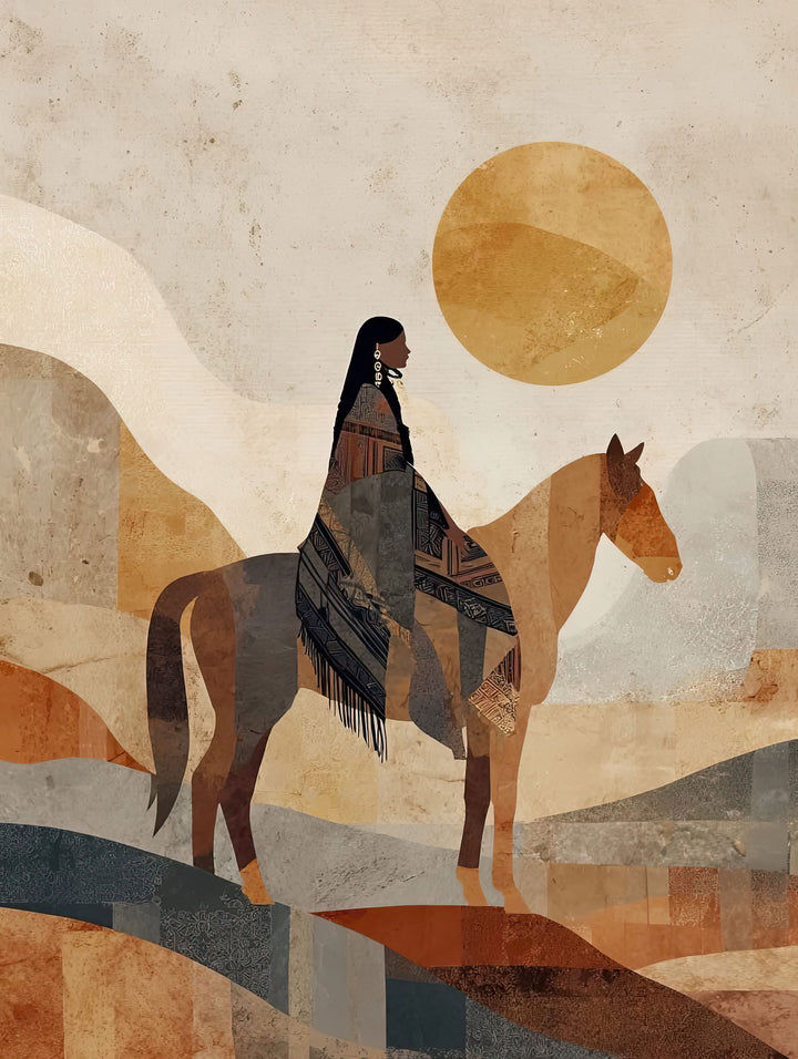 Wadi Home abstract Native American horse rider wall art in earthy tones of brown, orange, and muted blue.