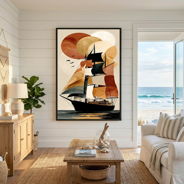 Wadi Home abstract sailboat art print with warm earthy tones and tranquil water. Features a majestic ship with black sails navigating a serene seascape.