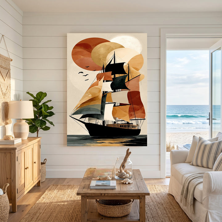 Wadi Home abstract sailboat art print with warm earthy tones and overlapping circles in the sky.