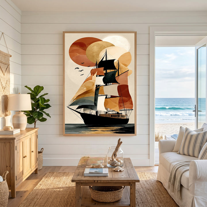 Wadi Home abstract sailboat art print with warm earthy tones and tranquil water.