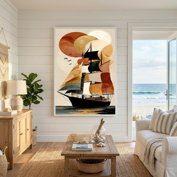 Wadi Home abstract sailboat art print with warm earthy tones and overlapping circles in the sky.