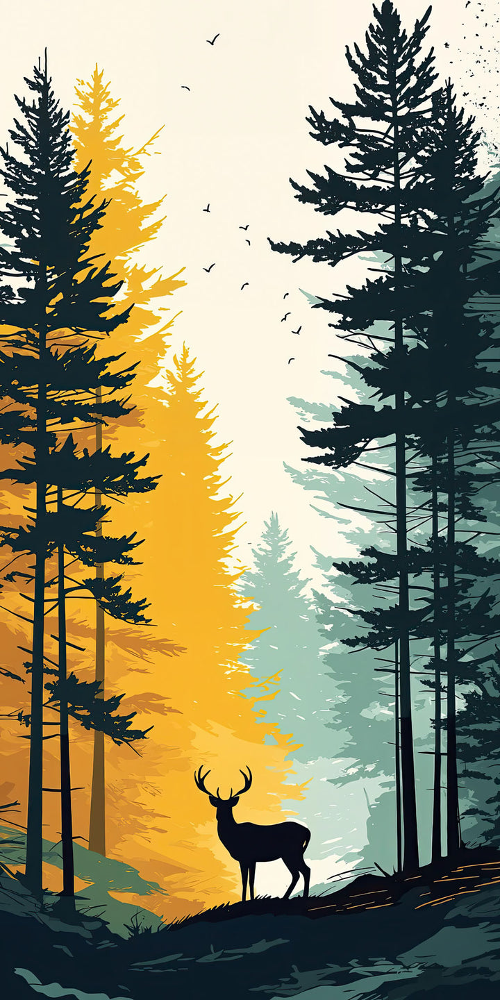 Wadi Home minimalist flat design wall art of a deer in a forest with yellow and teal pine trees.