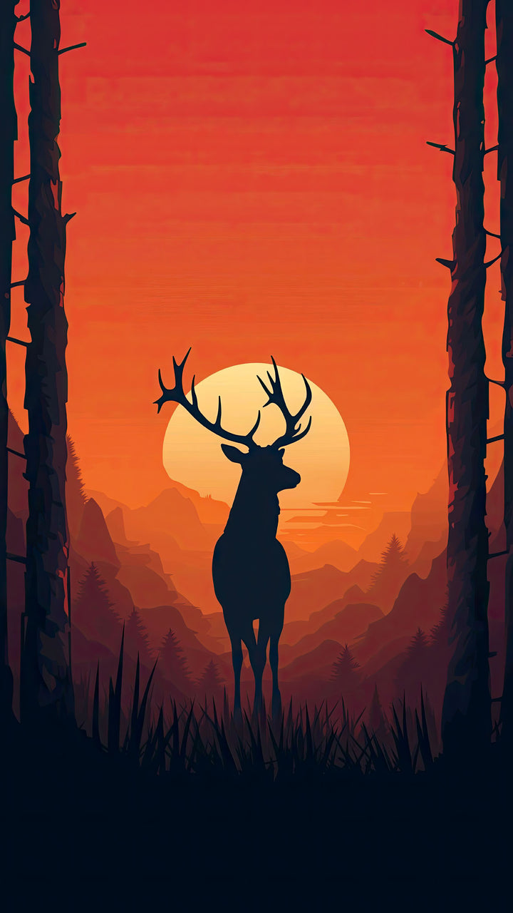 Wadi Home majestic deer silhouette in forest landscape wall art with orange sunset.