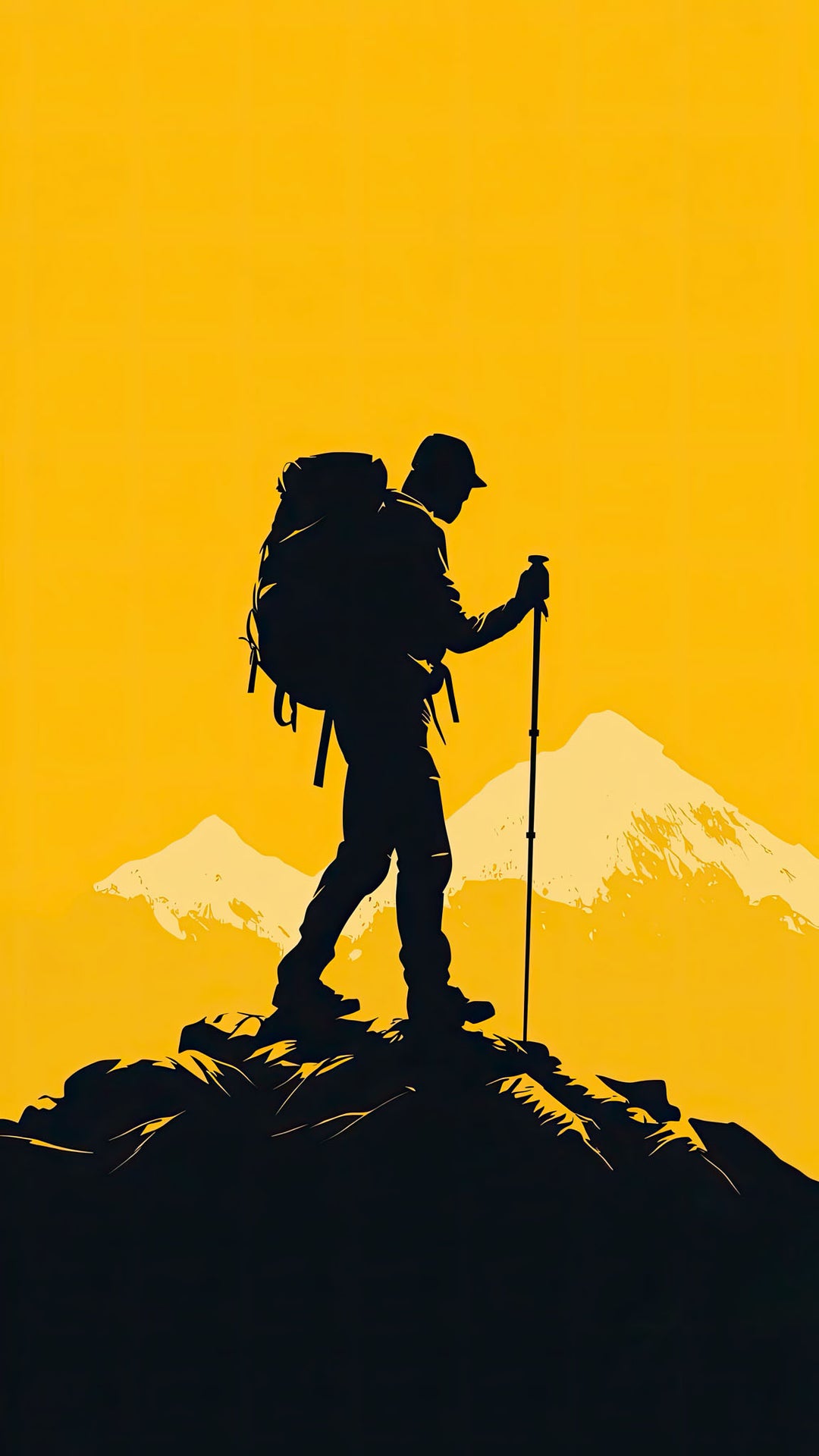 Wadi Home mountain climber silhouette art print, black hiker on yellow sky with snow-capped peaks.