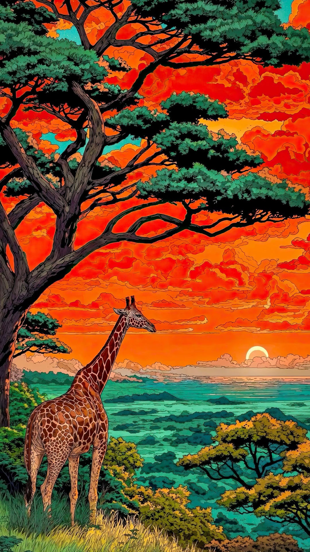 Wadi Home African Sunset Giraffe Landscape Wall Art featuring a giraffe silhouetted against a vibrant orange and red sunset sky.