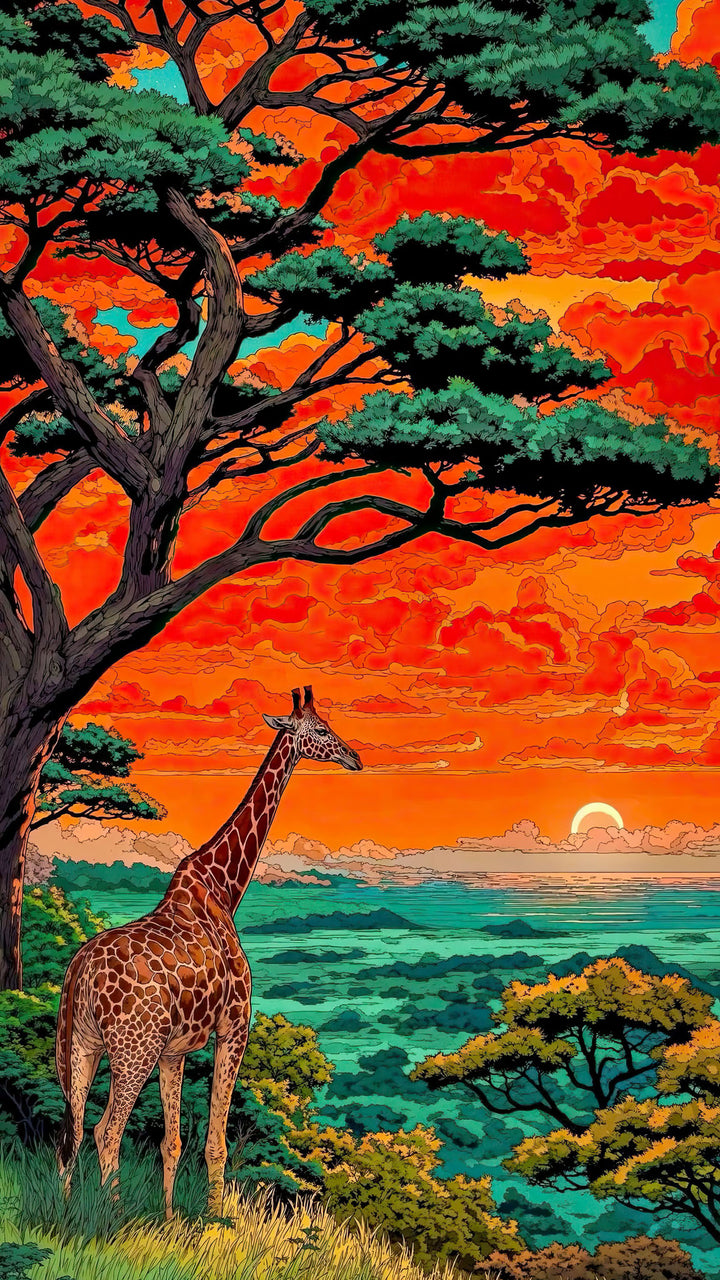 Wadi Home African Sunset Giraffe Landscape Wall Art featuring a giraffe silhouetted against a vibrant orange and red sunset sky.