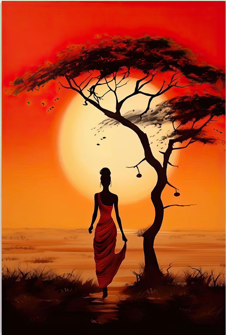 Wadi Home African Sunset landscape art print with a woman in red dress walking under an acacia tree.