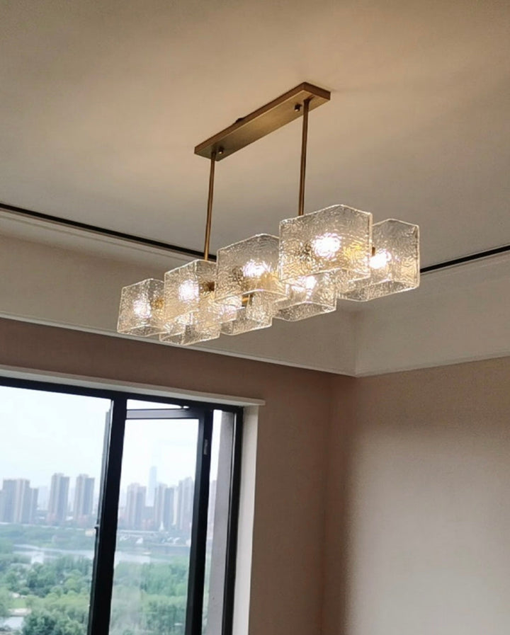 Modern Linear Chandelier with Glass Cubes and Gold Frame