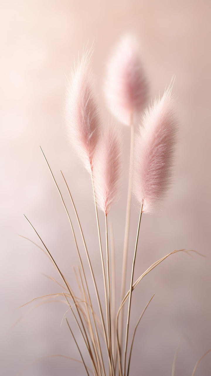 Wadi Home pink pampas grass wall art, soft fluffy plumes, botanical print for serene decor.