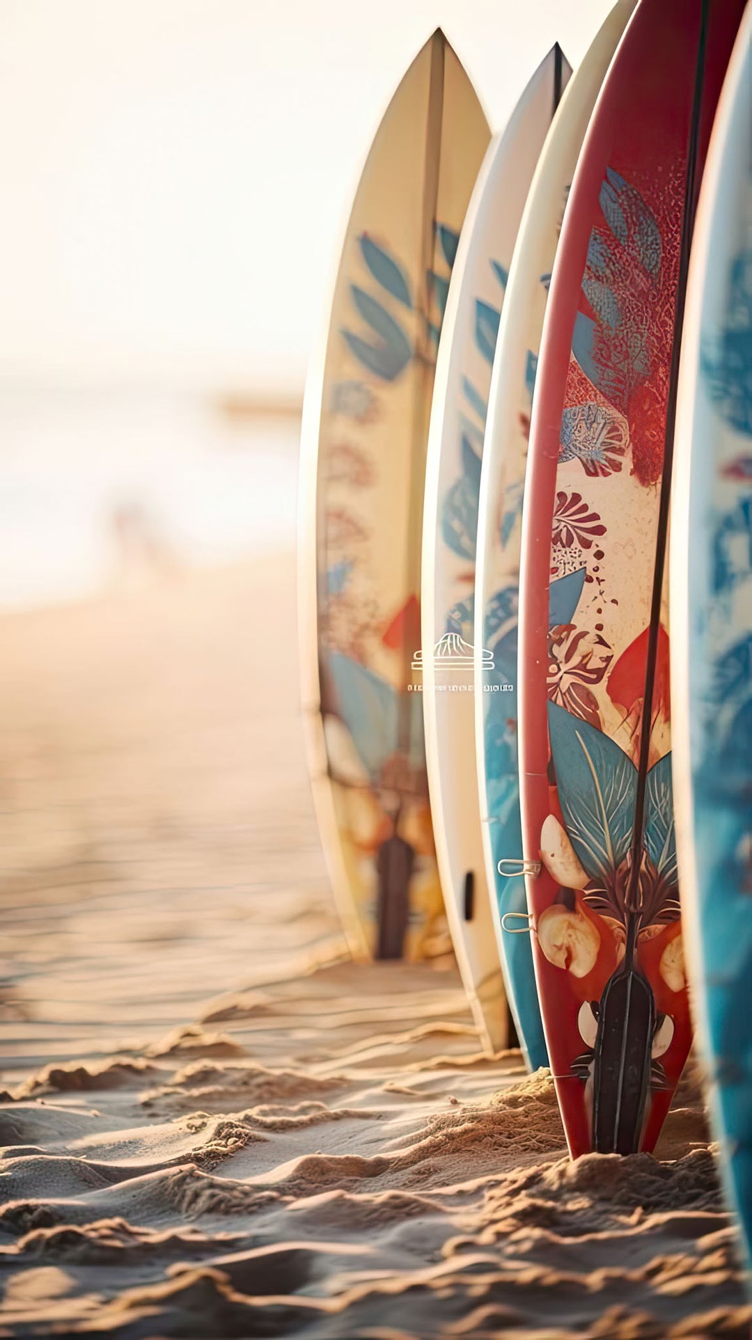 Wadi Home colorful surfboards lined up on a sandy beach at sunset, coastal wall art.