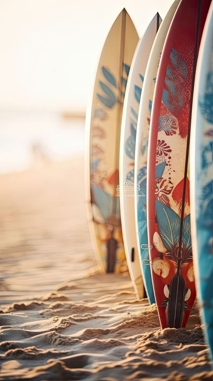 Wadi Home colorful surfboards lined up on a sandy beach at sunset, coastal wall art.