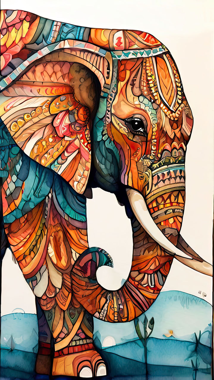 Wadi Home bohemian elephant wall art with intricate colorful patterns in orange, blue, and earth tones.