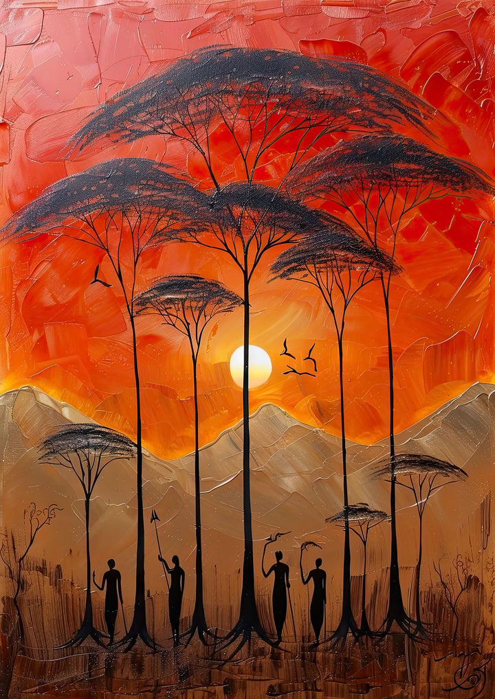 Wadi Home African Sunset painting with impasto texture, featuring silhouetted acacia trees and figures against a fiery orange sky.