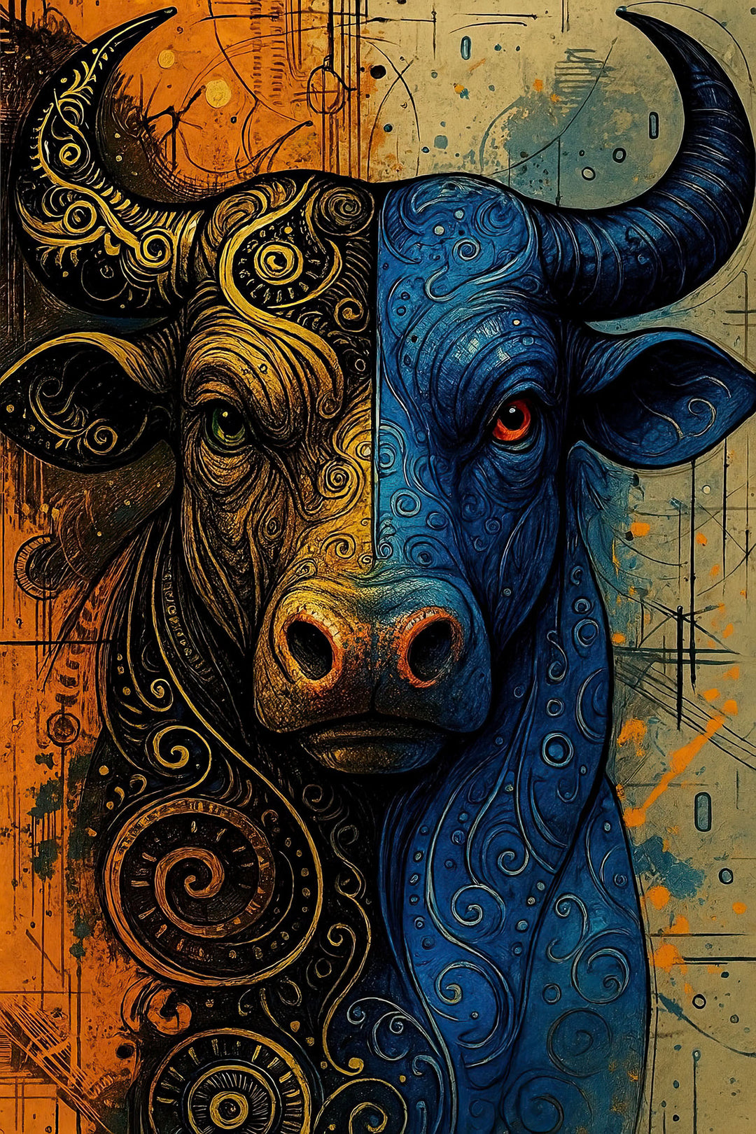 Wadi Home abstract bull portrait wall art, split between intricate gold patterns and deep blue hues, with orange accents.