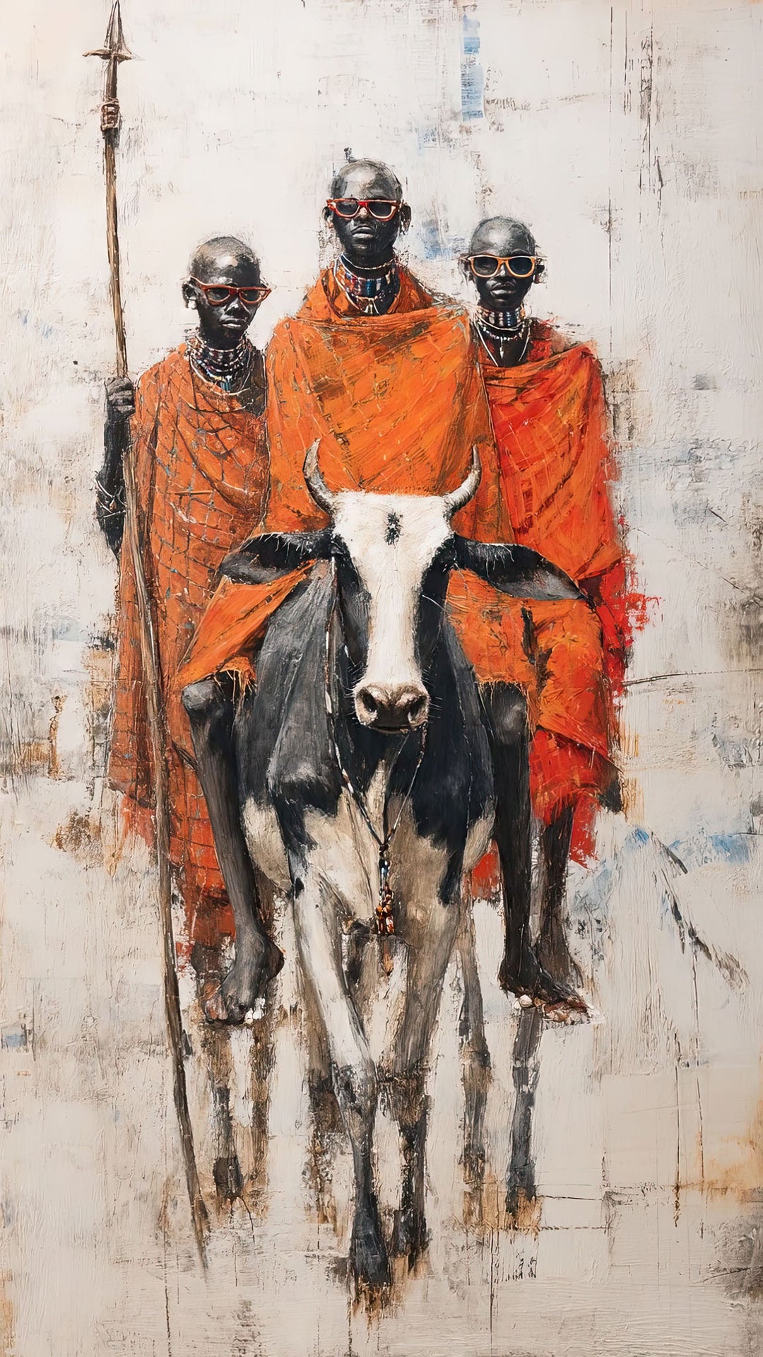 Wadi Home tribal warriors in orange robes with a cow, abstract textured background, cultural savanna art.