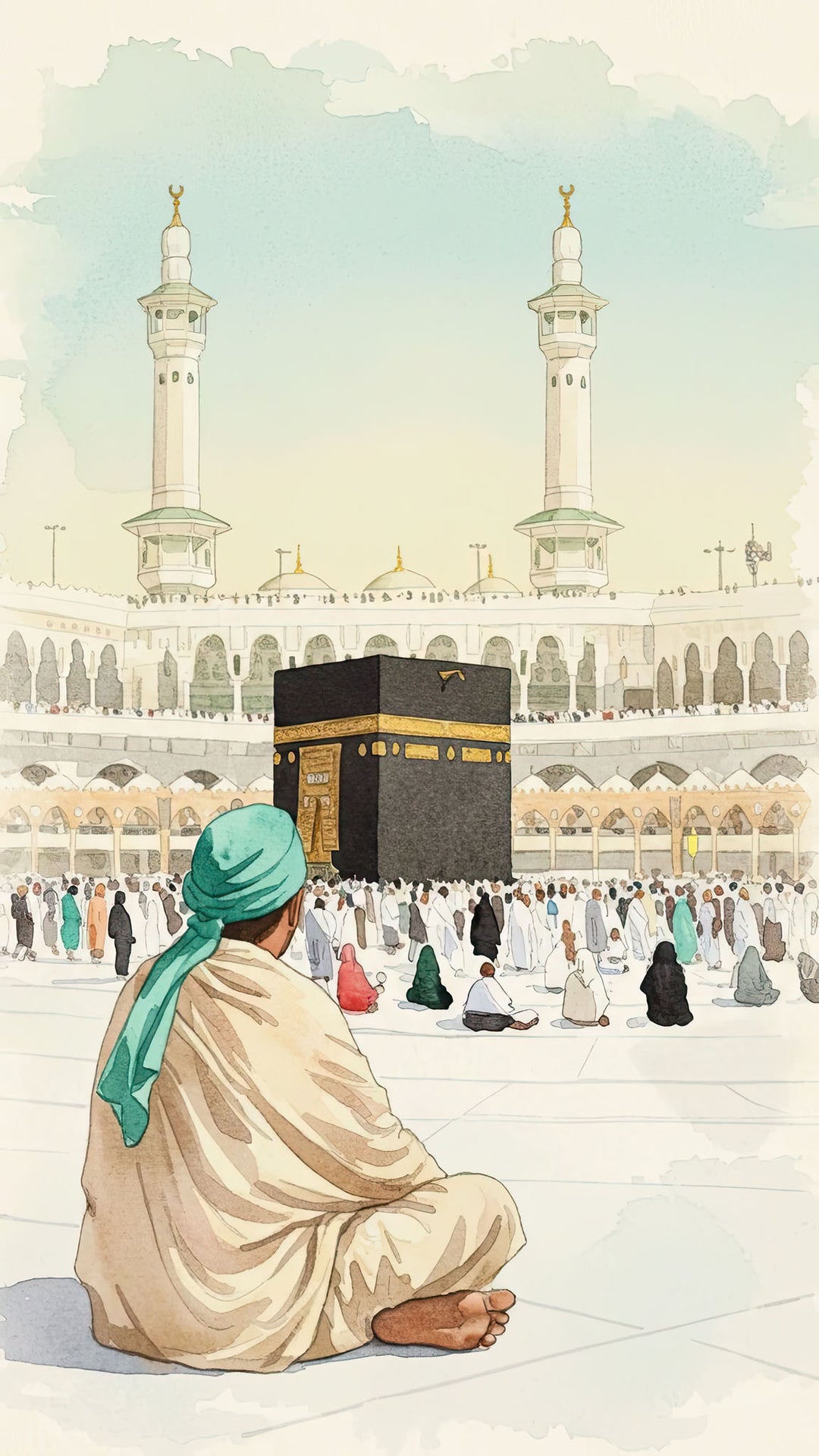 Wadi Home Islamic pilgrimage artwork watercolor painting of Kaaba with pilgrims and a man in foreground wearing a green turban.