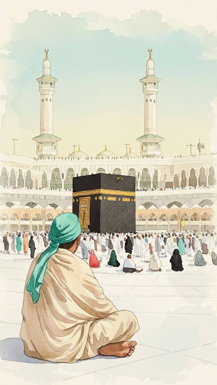 Wadi Home Islamic pilgrimage artwork watercolor painting of Kaaba with pilgrims and a man in foreground wearing a green turban.