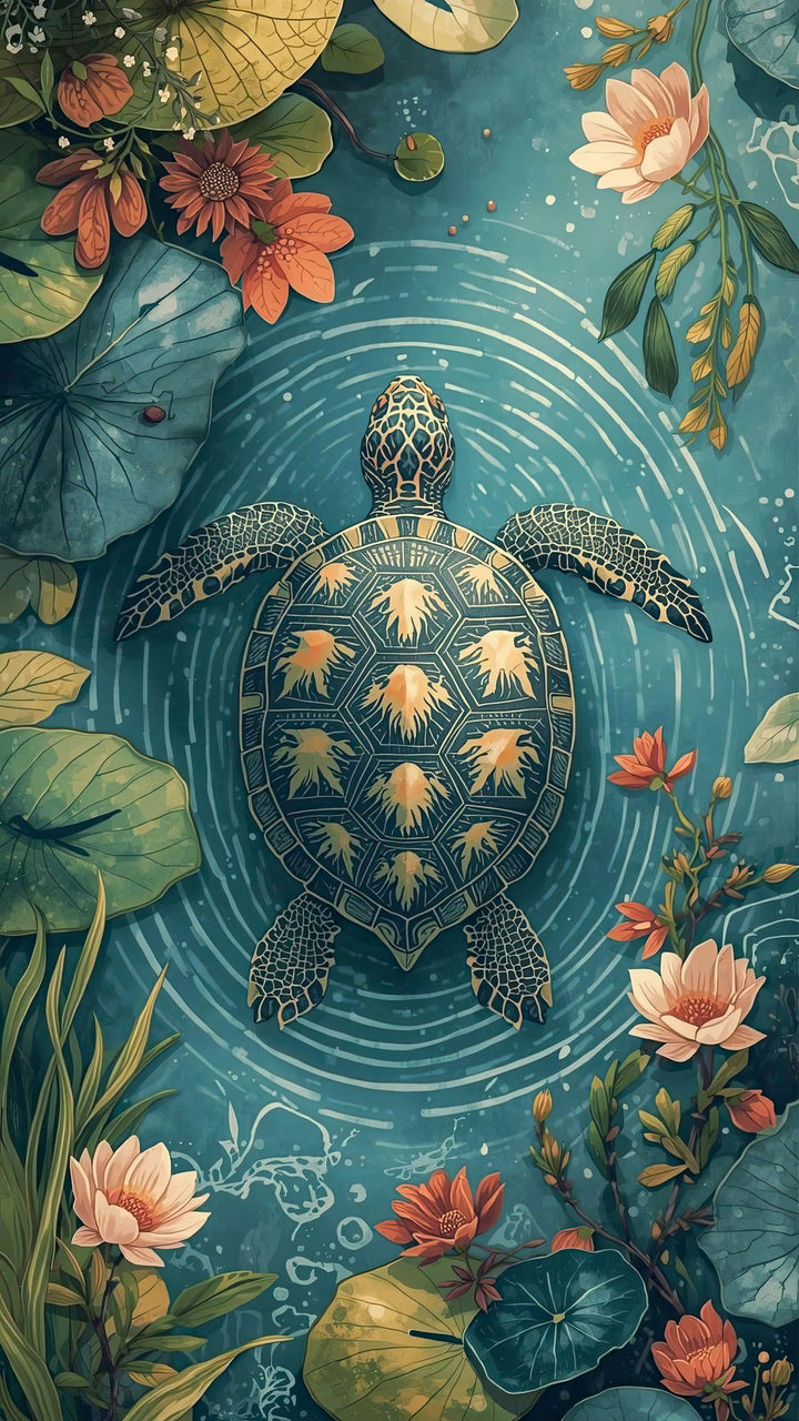 Wadi Home Serene Turtle Pond Floral Wall Art featuring a turtle swimming among lotus flowers and greenery in blue water.