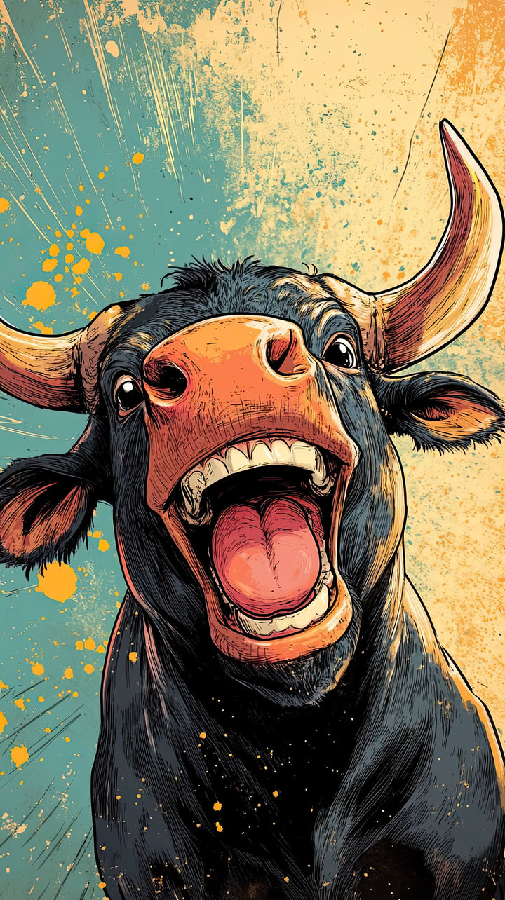 Wadi Home laughing bull wall art, vibrant illustration with bold colors and expressive design, perfect for adding personality to any room.