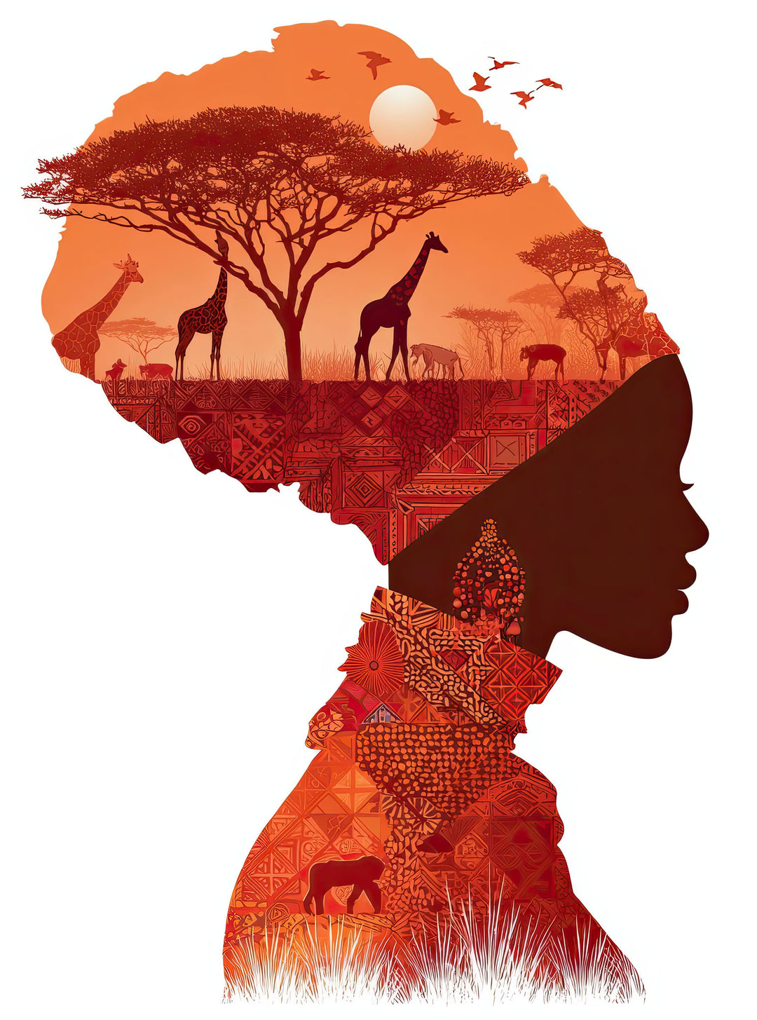 Wadi Home African silhouette wall art with savanna sunset scene, giraffes, zebras, acacia trees, and woman's profile.