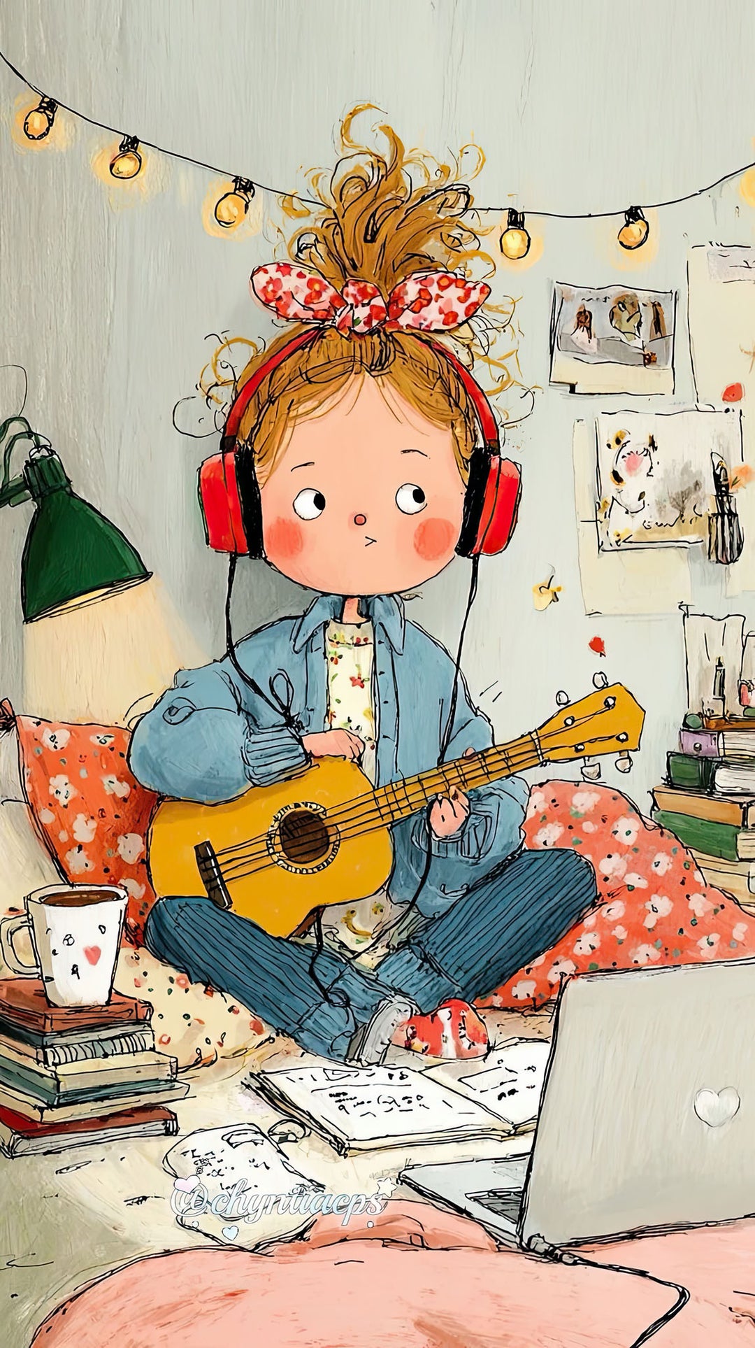 Wadi Home artwork of a girl with red headphones playing a yellow guitar, surrounded by books and a laptop.