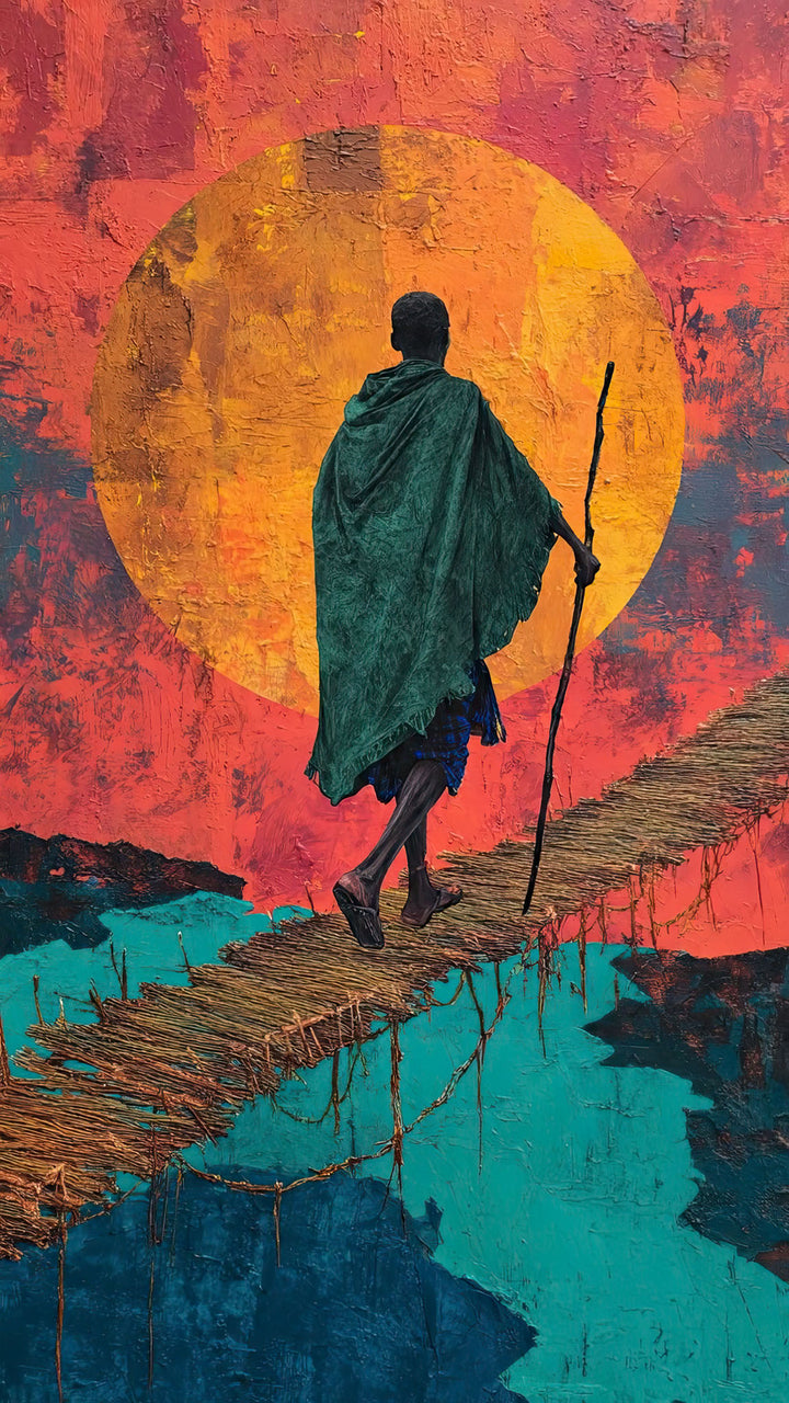 Wadi Home artwork: Figure in green cloak crosses rustic bridge at sunset over blue water. Textured, vibrant.