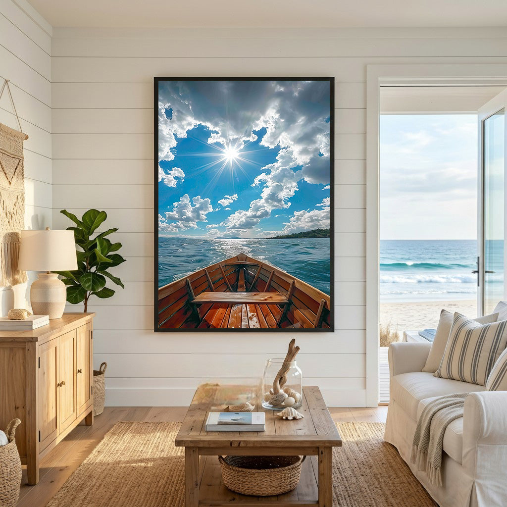 Wadi Home wooden boat art print, view from inside the boat on a sunny day with blue sky and clouds.