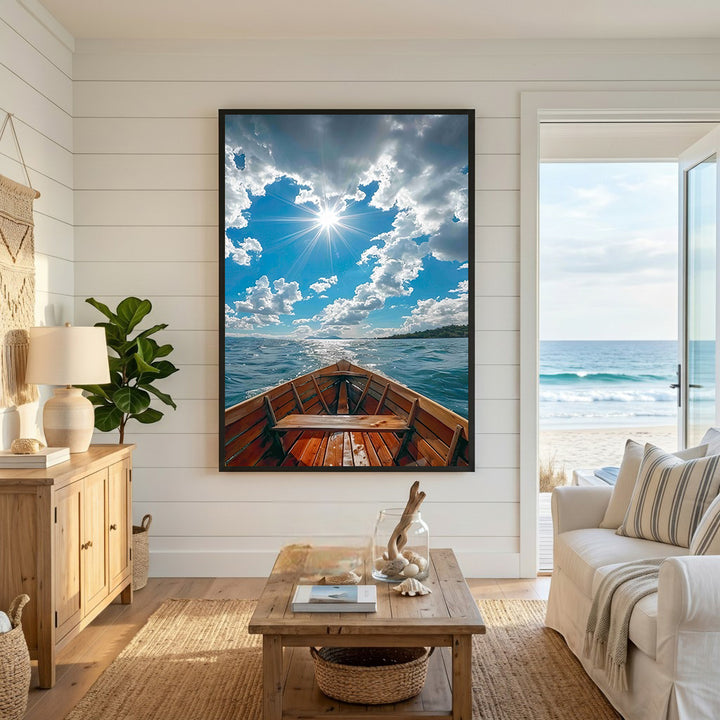 Wadi Home wooden boat art print, view from inside the boat on a sunny day with blue sky and clouds.