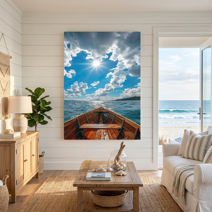 Wadi Home wooden boat art print, view from inside the boat looking out at a bright blue sky with clouds and sun over the water.