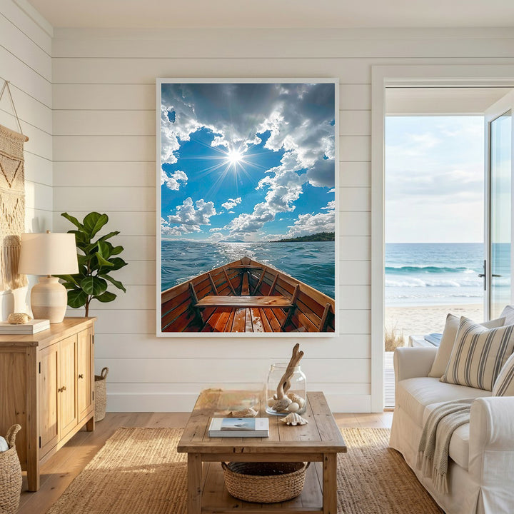 Wadi Home wooden boat sailing on blue water under a bright sun and cloudy sky, coastal art print.