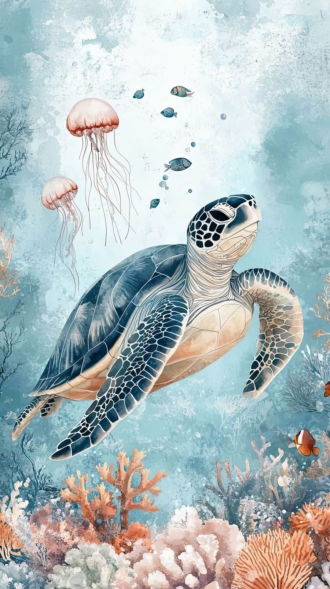 Wadi Home sea turtle and jellyfish coral reef watercolor wall art. Features a sea turtle swimming with jellyfish, coral, and fish in a blue ocean.