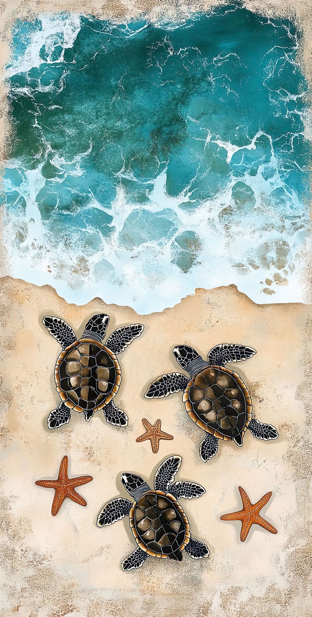 Wadi Home sea turtle beach wall art with three turtles and starfish on sand with ocean waves.