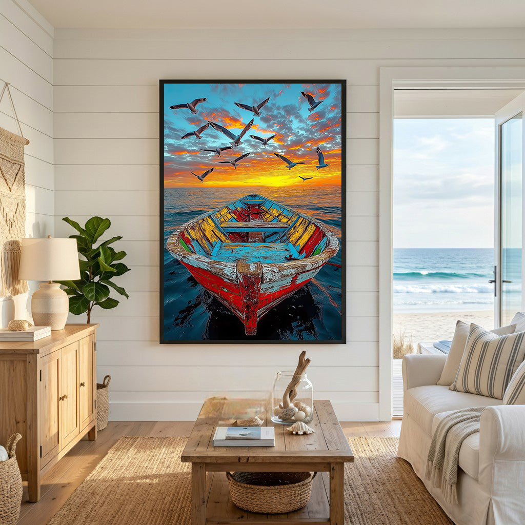 Wadi Home Serene boat with birds at sunset wall art. Colorful weathered rowboat on calm water under a vibrant sky.