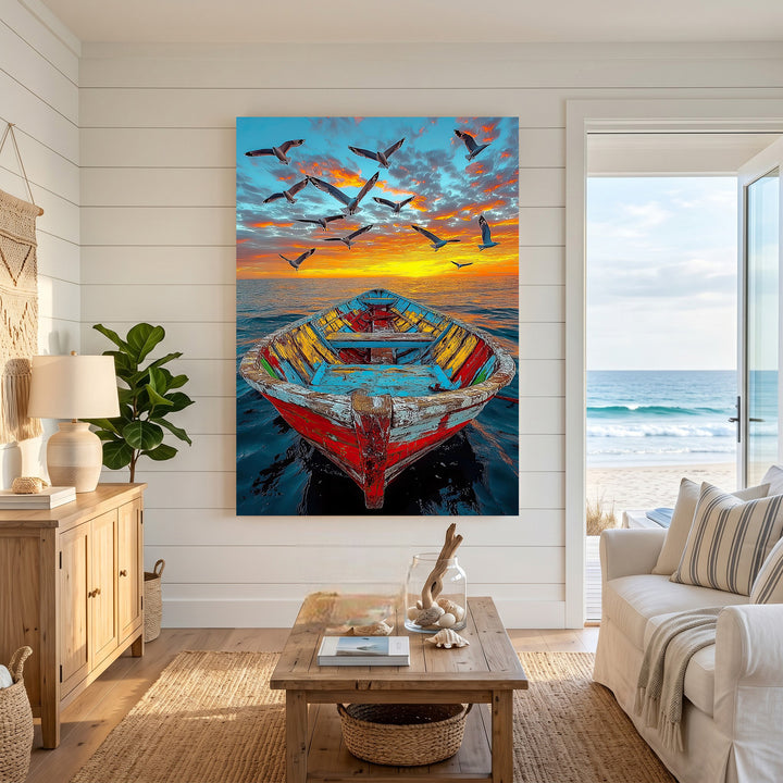 Wadi Home sunset seascape wall art featuring a weathered, colorful rowboat on calm water with birds flying across a vibrant sky.