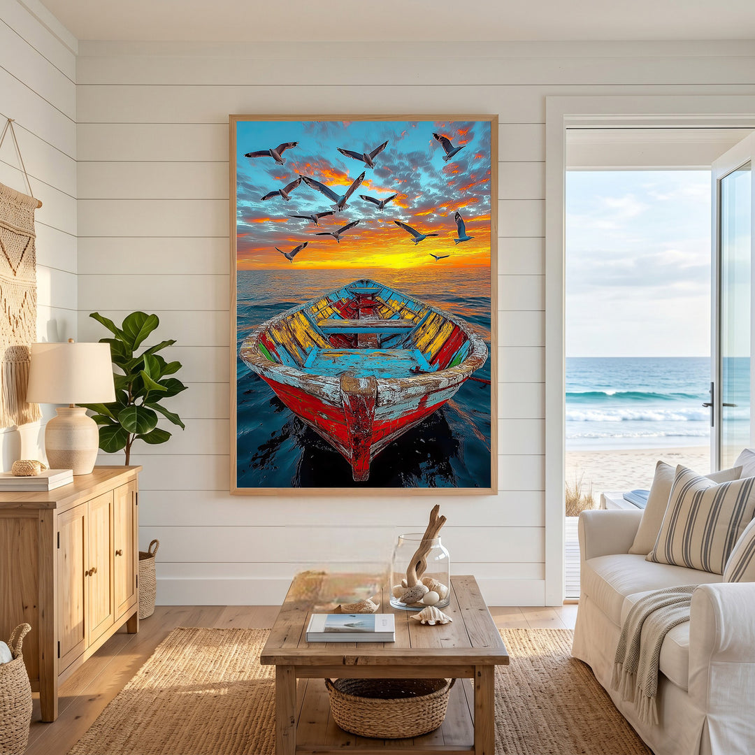 Wadi Home Serene boat with birds at sunset wall art, featuring a colorful weathered rowboat on calm water under a vibrant sky.