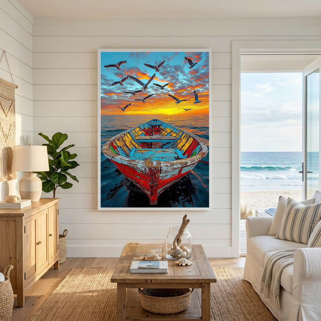 Wadi Home Serene boat with birds at sunset wall art. Colorful weathered rowboat on calm blue water, flock of birds in vibrant orange and blue sky.
