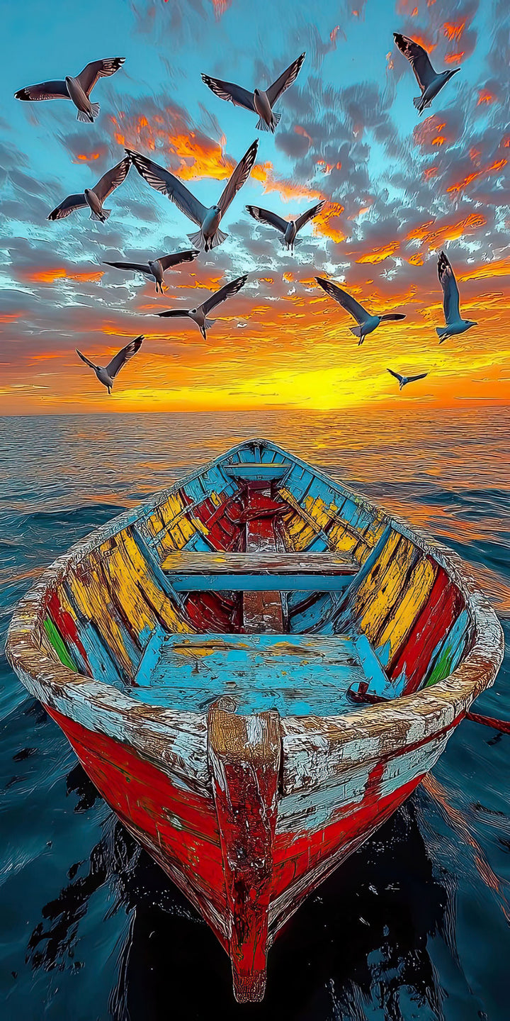 Wadi Home sunset seascape wall art featuring a weathered, colorful rowboat on calm water with birds flying across a vibrant sky.