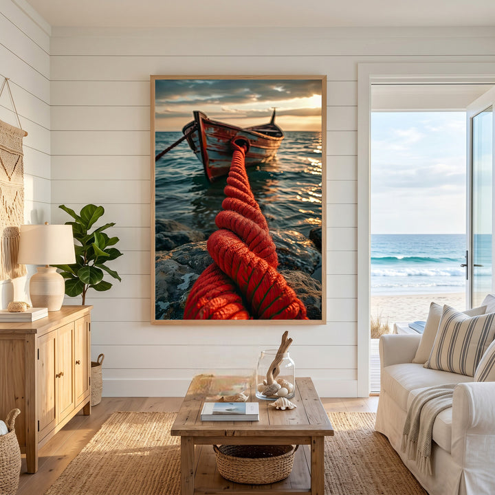 Wadi Home framed wall art of a weathered boat tied to shore with a thick, vibrant red rope at sunset.