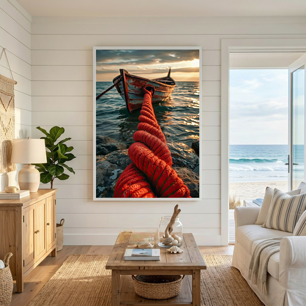 Wadi Home artwork: Weathered boat tied to shore with thick red rope, calm sea at sunset.