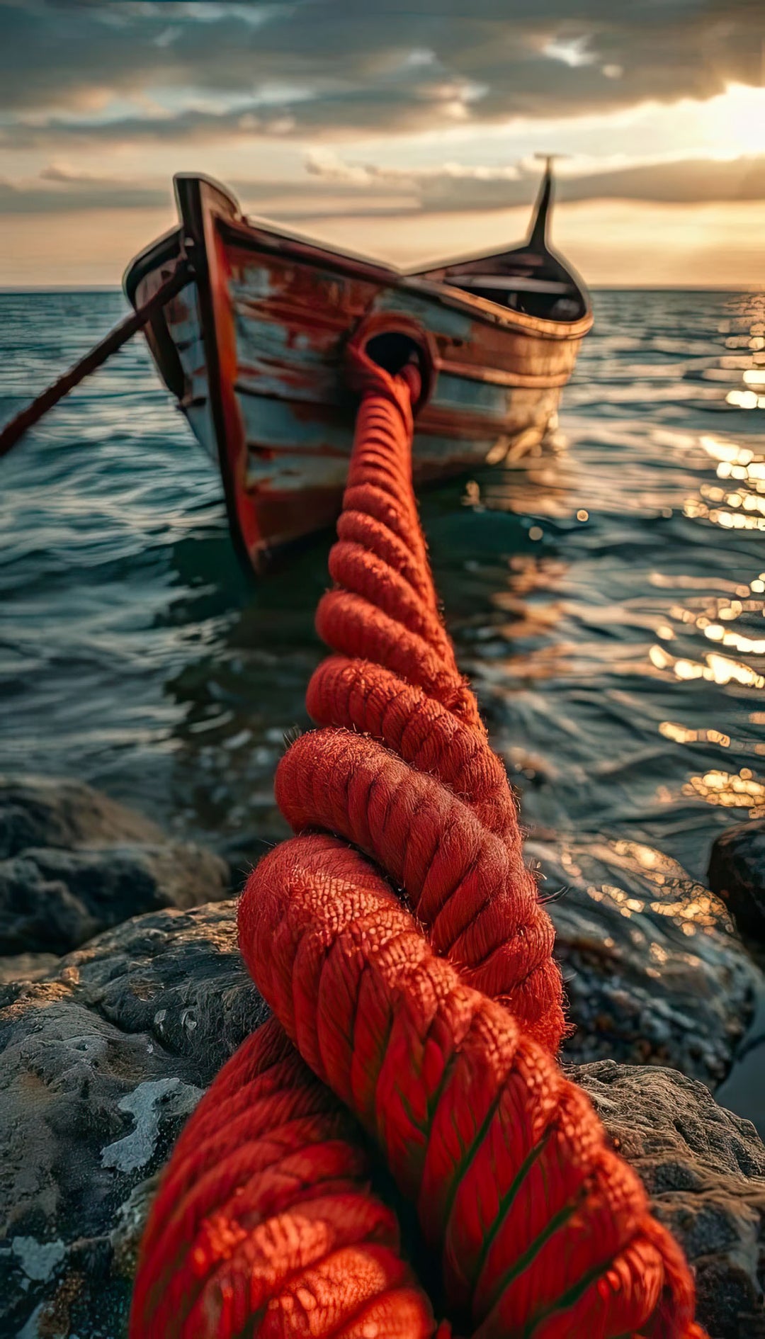 Wadi Home framed wall art of a weathered boat tied to shore with a thick, vibrant red rope at sunset.