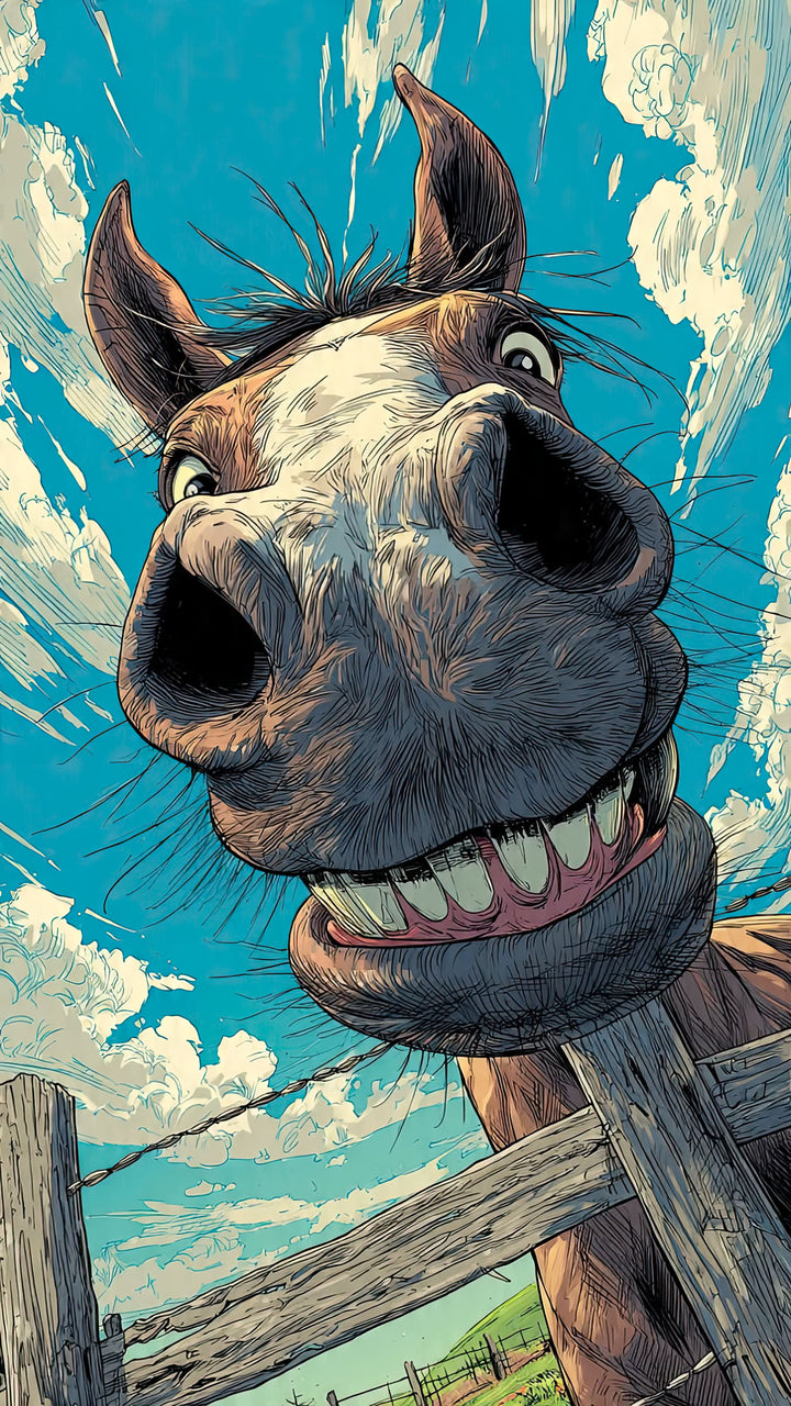 Wadi Home whimsical horse portrait wall art with a goofy grin against a bright blue sky and clouds.
