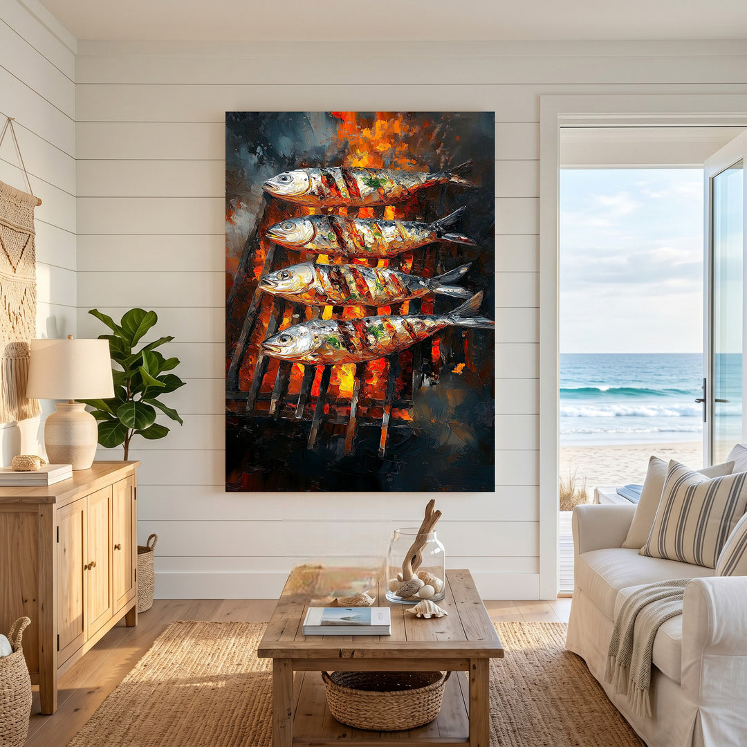 Wadi Home oil painting of four grilled fish on a barbecue with vibrant flames and dynamic brushstrokes.