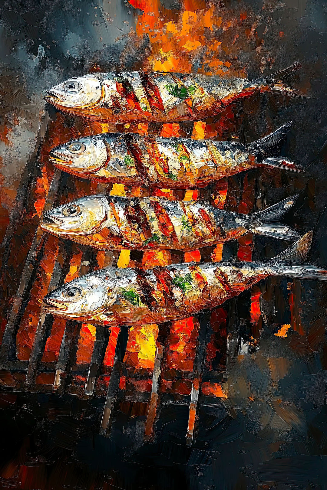 Wadi Home oil painting of four grilled fish on a barbecue with vibrant flames and dynamic brushstrokes.