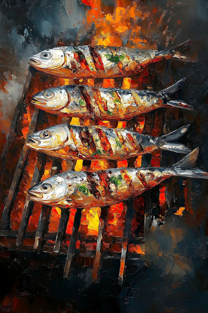 Wadi Home oil painting of four grilled fish on a barbecue with vibrant flames and dynamic brushstrokes.