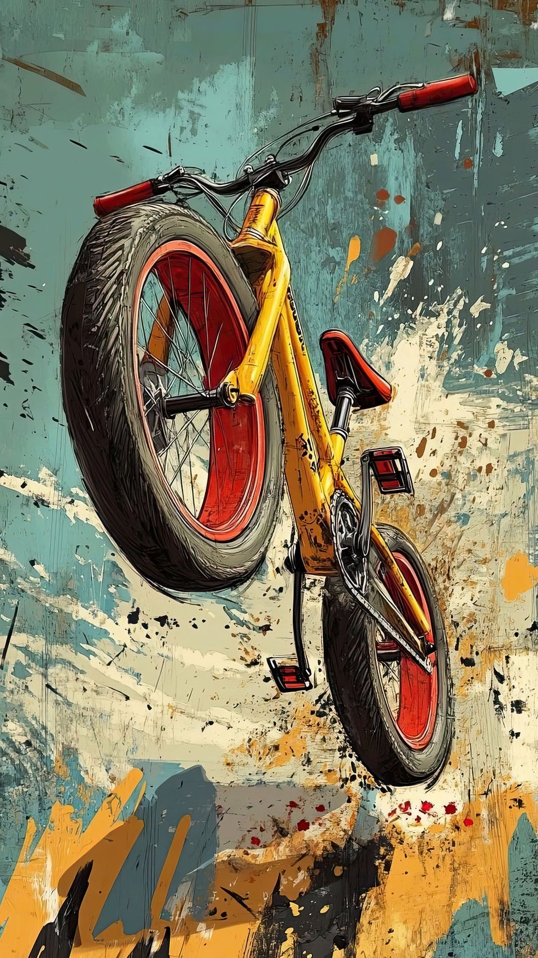 Wadi Home dynamic yellow bicycle art print with red accents, mid-air action against abstract background.