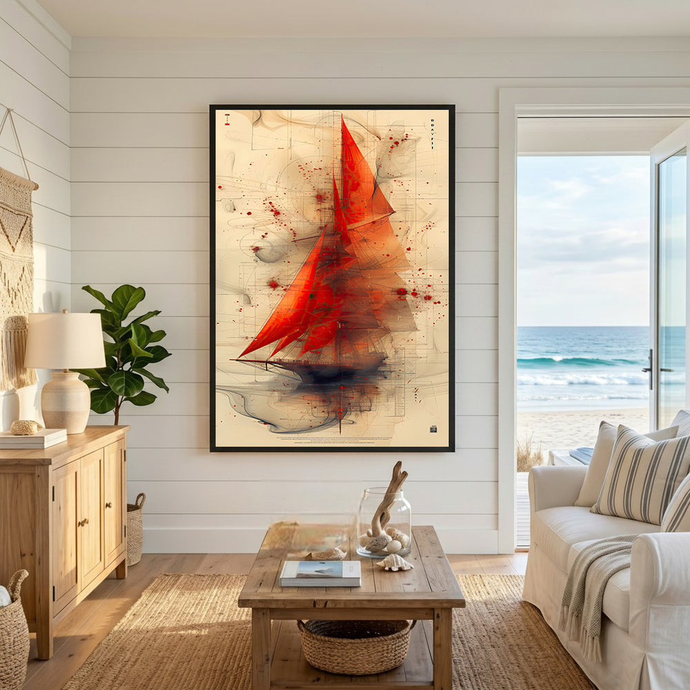 Wadi Home abstract sailboat artwork with vibrant red sail on textured neutral background, modern nautical art.